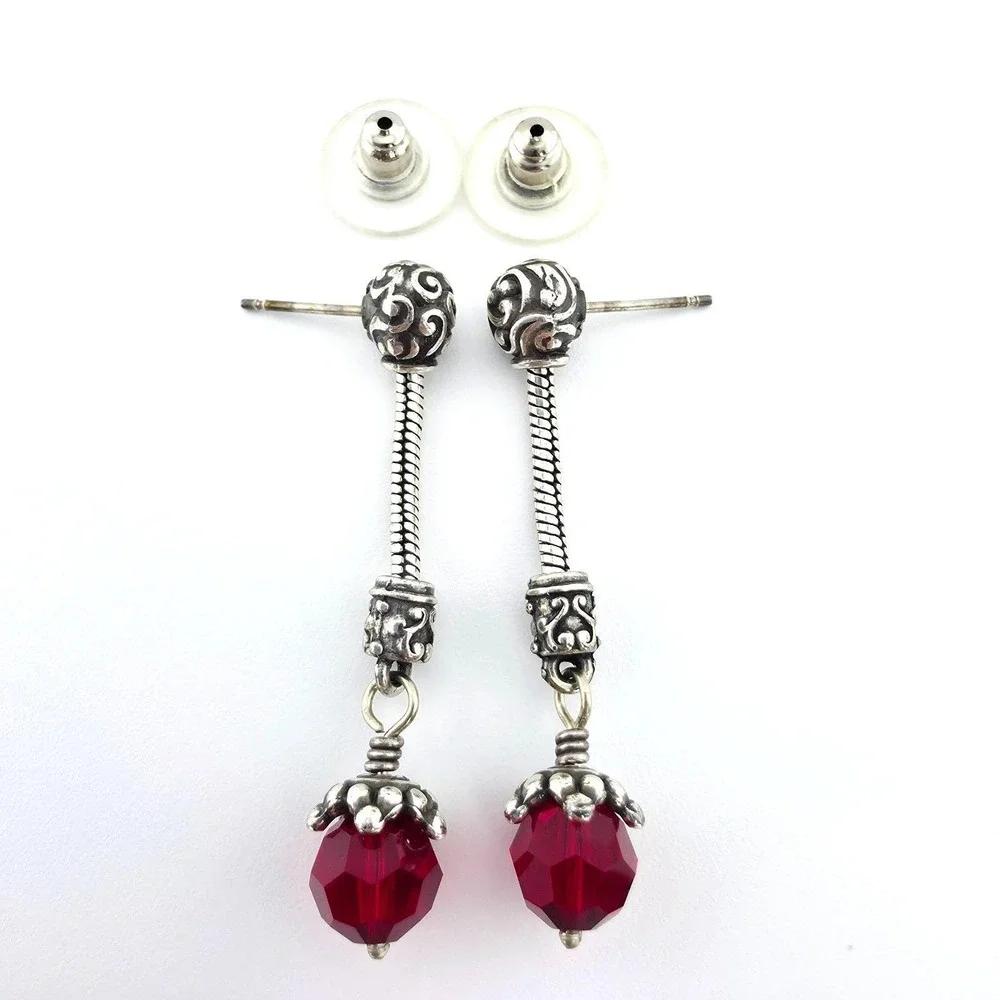 BRIGHTON Earrings Red SWAROVSKI Crystals Snake Chain Dangle Drop Silver Plate